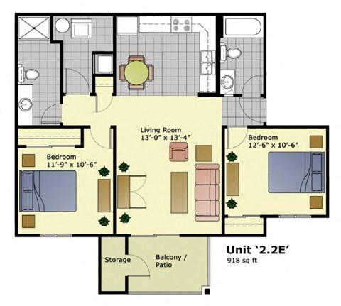 Floor plan for 2 beds, 2 baths, 918 sqft